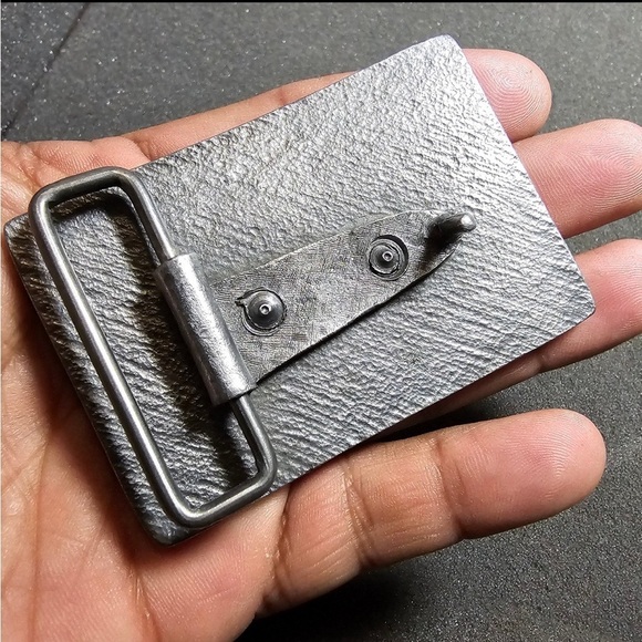 Bucyrus-Erie Pewter Rectangle Belt Buckle B-E Steam Shovel Horse and Wagon 3×2in - Picture 6 of 9